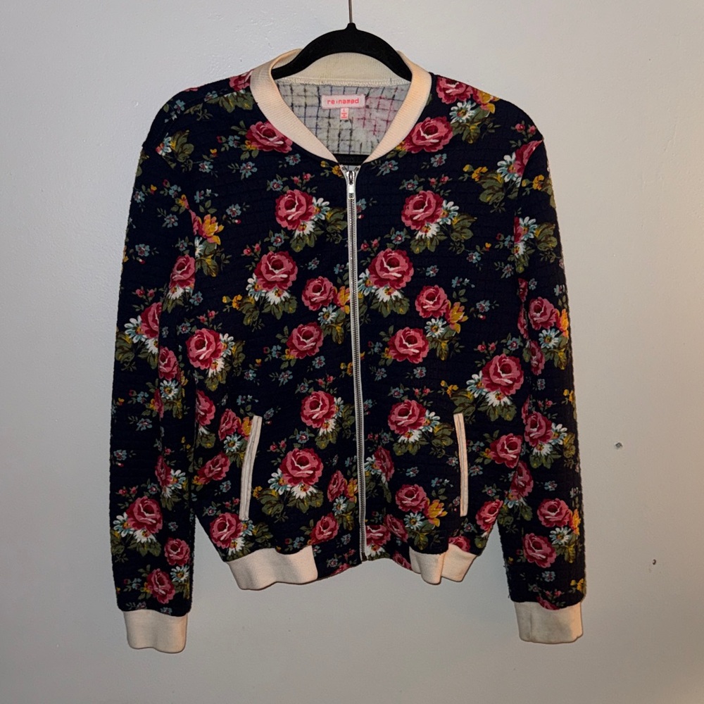 re:named Navy and Pink Floral Bomber Jacket